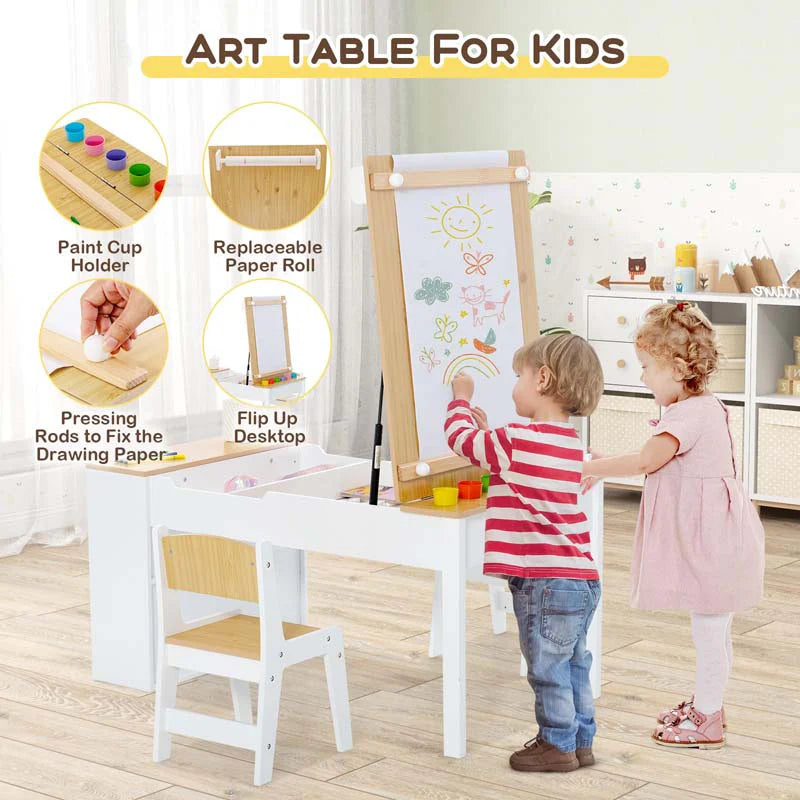 3 In 1 Wood Kids Art Table Amp Easel Set With 2 Chairs 6 Storage Bins Paper Roller Paint Cups Toddler Crafts Activity Table Chair Set - High Quality Set For Everyday Use