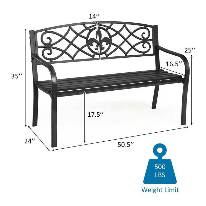 50Quot Weatherproof Outdoor Patio Bench With Pattern Backrest Heavy Duty Metal Park Bench For Garden Backyard Porch