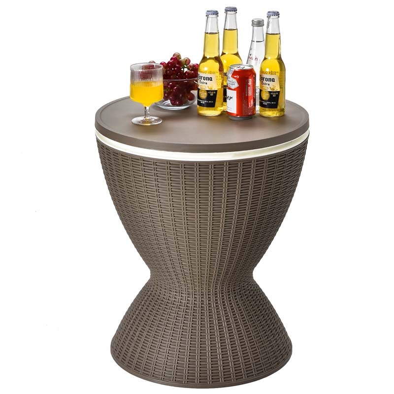 3 In 1 Rattan Outdoor Patio Bar Side Table With Ice Bucket 8 Gallon Ice Cooler Wine Cocktail Table For Deck Pool Party