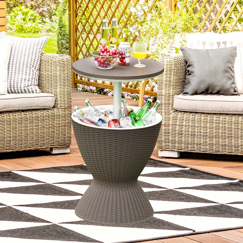 3 In 1 Rattan Outdoor Patio Bar Side Table With Ice Bucket 8 Gallon Ice Cooler Wine Cocktail Table For Deck Pool Party