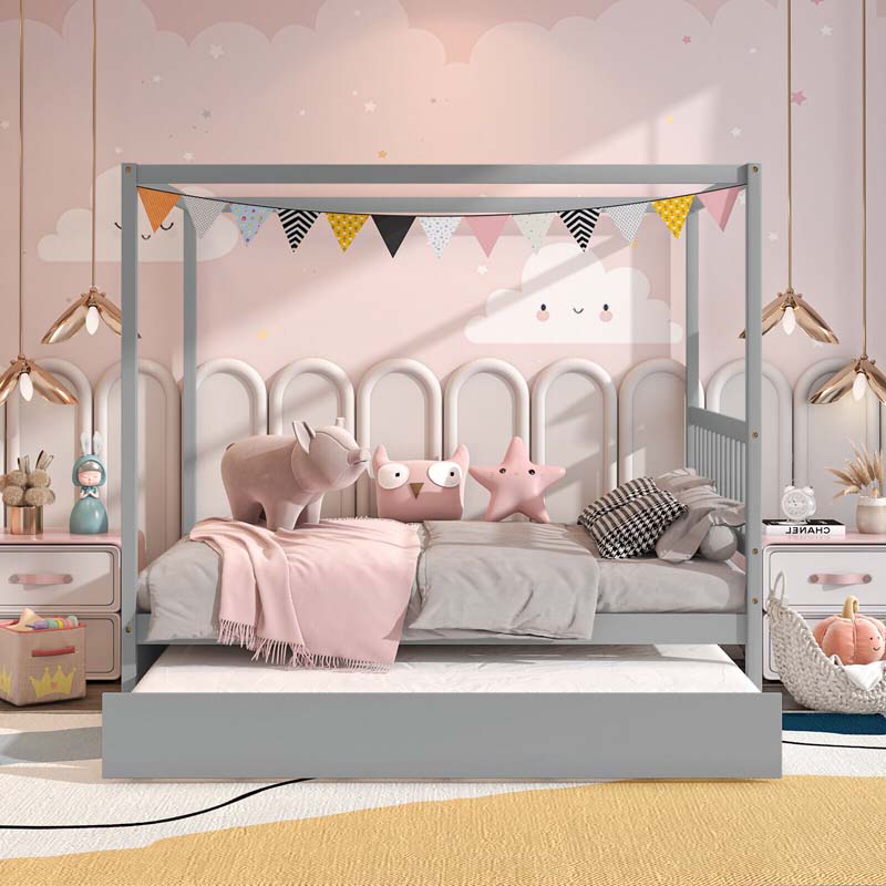 Full Size Canopy Bed With Trundle Solid Wood Platform Bed Frame With Headboard Full Bed For Kids Teens Adults