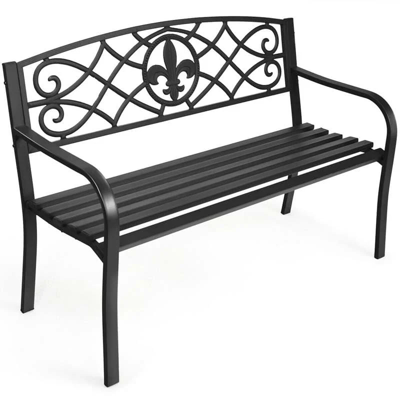 50Quot Weatherproof Outdoor Patio Bench With Pattern Backrest Heavy Duty Metal Park Bench For Garden Backyard Porch