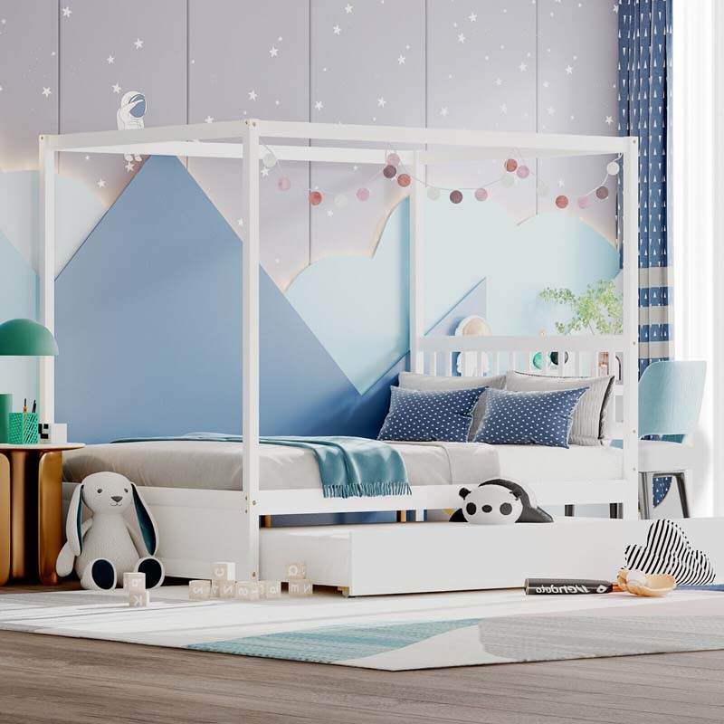 Full Size Canopy Bed With Trundle Solid Wood Platform Bed Frame With Headboard Full Bed For Kids Teens Adults