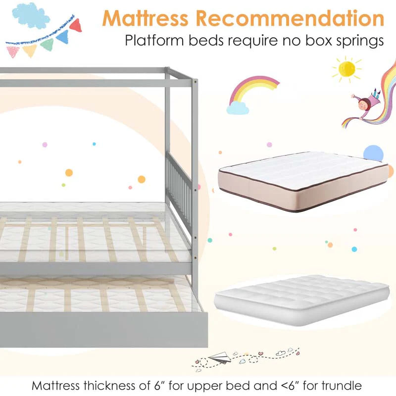 Full Size Canopy Bed With Trundle Solid Wood Platform Bed Frame With Headboard Full Bed For Kids Teens Adults