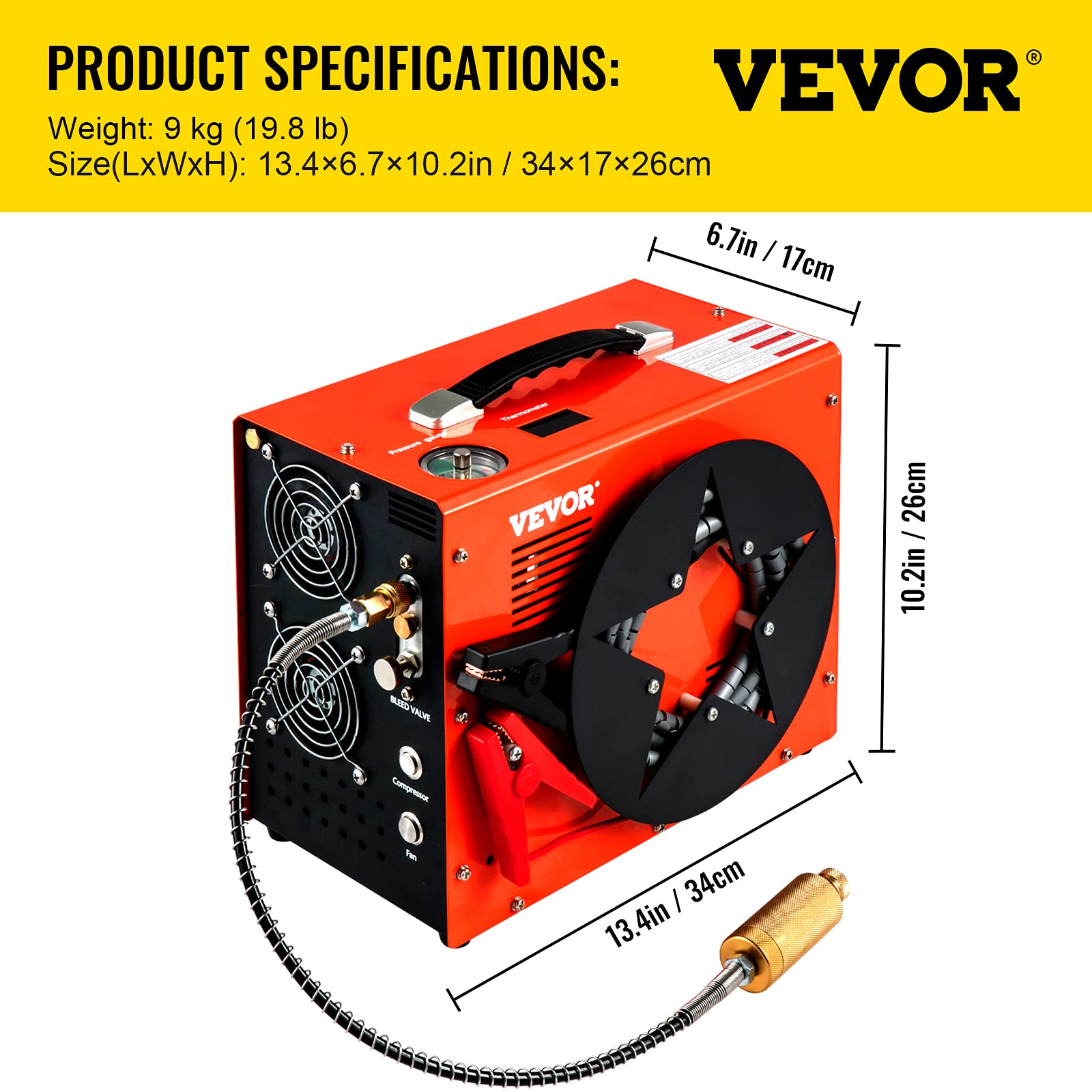 VEVOR PCP Air Compressor, Auto-stop Powered by DC 12V Car or Home AC 110V/220V, 4500Psi/30Mpa/300Bar w/Built-in Water/Oil Adapter &amp; Cooling Fan for Paintball, Scuba, Air Rifle