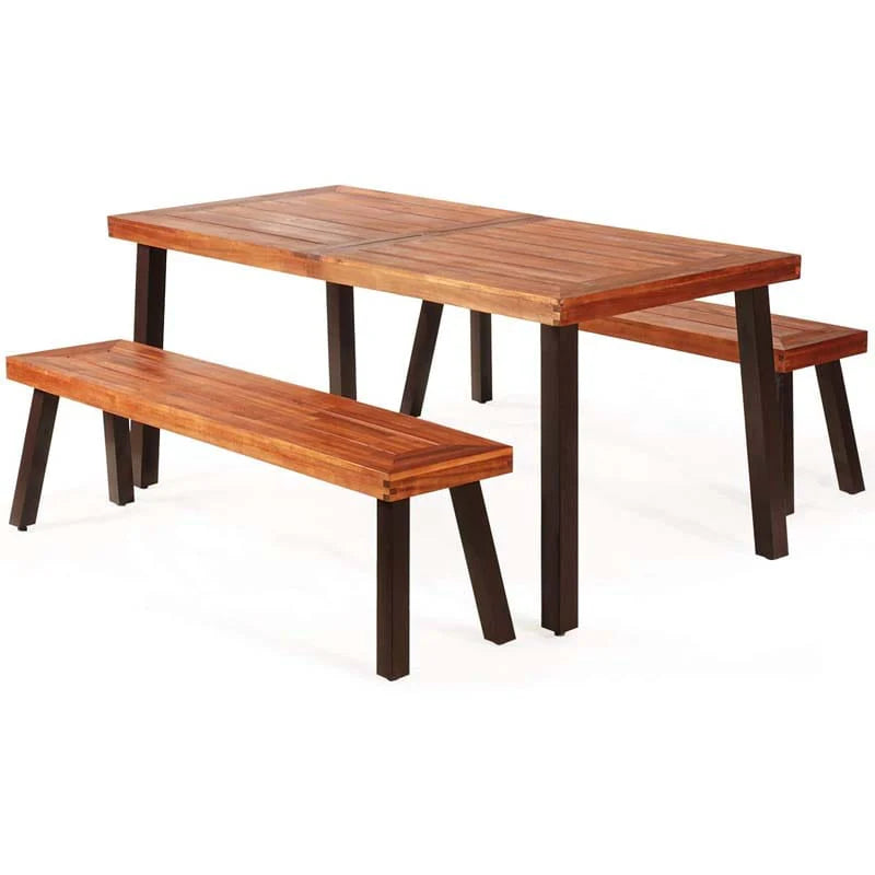 3 Pcs Rustic Acacia Wood Patio Dining Table Set With 2 Benches Outdoor Picnic Table Bench Set With Umbrella Hole - High Quality Set For Everyday Use