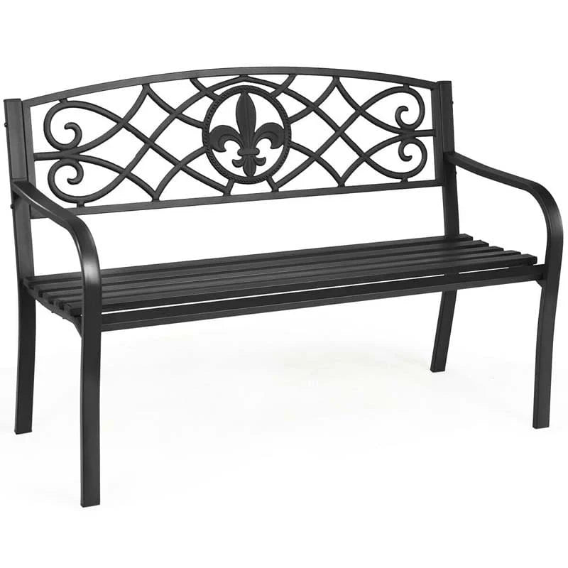 50Quot Weatherproof Outdoor Patio Bench With Pattern Backrest Heavy Duty Metal Park Bench For Garden Backyard Porch