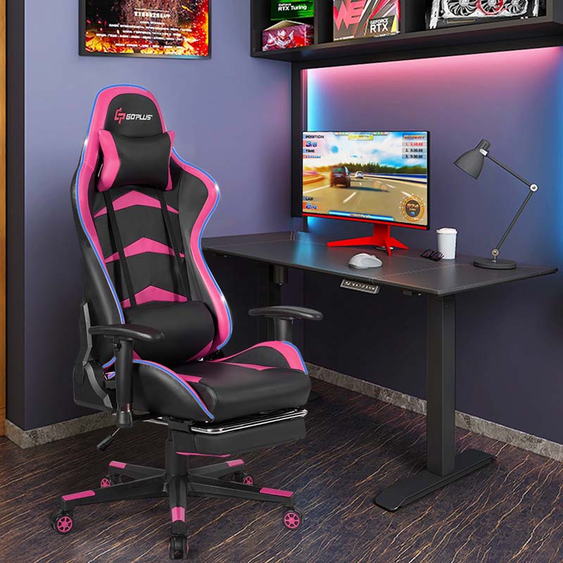 Led Massage Gaming Chair Height Adjustable Racing Computer Office Chair With Footrest Ergonomic High Back Pu Swivel Game Chair - Comfortable And Ergonomic Design