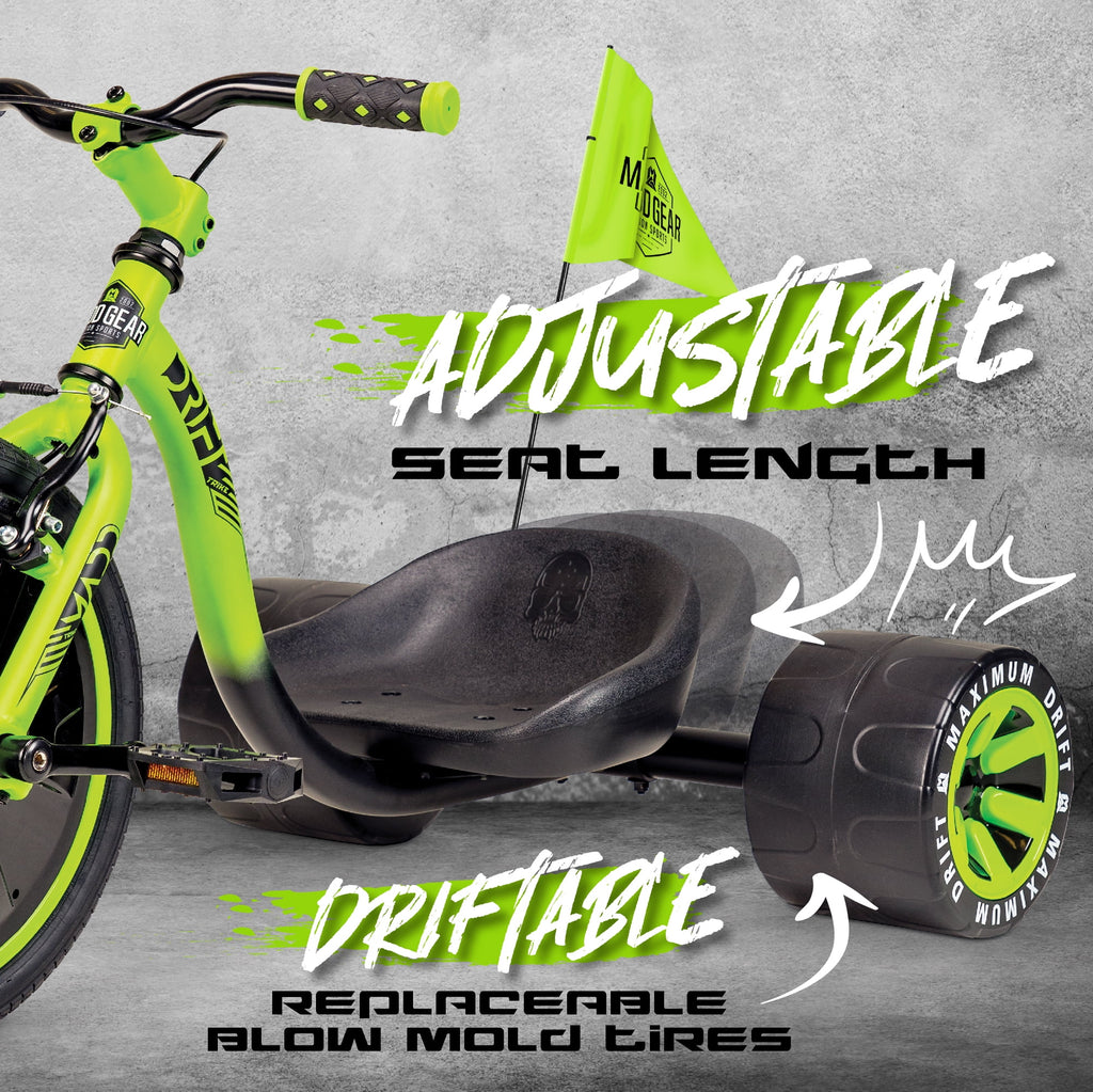 Madd Gear Drift Trike Strong Steel Frame Tricycle Adjustable Seat Black Green Machine 5 Years & up
