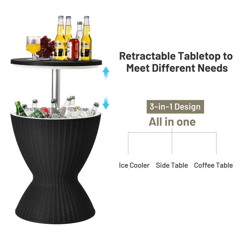 3 In 1 Rattan Outdoor Patio Bar Side Table With Ice Bucket 8 Gallon Ice Cooler Wine Cocktail Table For Deck Pool Party
