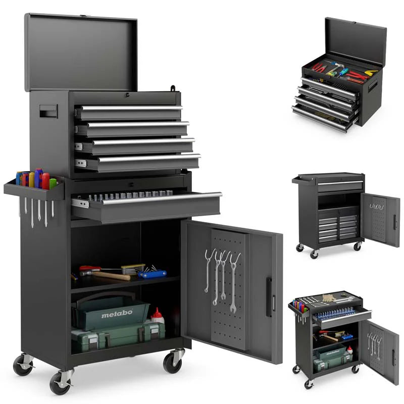 2 In 1 Rolling Tool Chest 5 Drawer Tool Storage Cabinet With Wheels Adjustable Shelf Tool Box Organizer For Garage Warehouse Workshop - Durable Tools For Home Projects