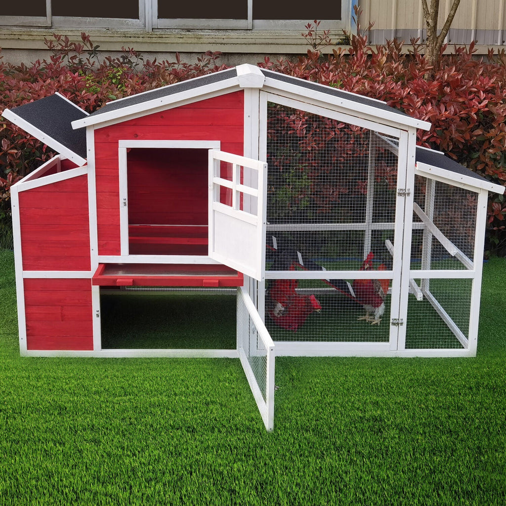 Hanover Outdoor Elevated Wooden Chicken Coop with Ramp, Wire Mesh Run, Waterproof Roof, Removable Tray, and External Door- HANCC0105-RED